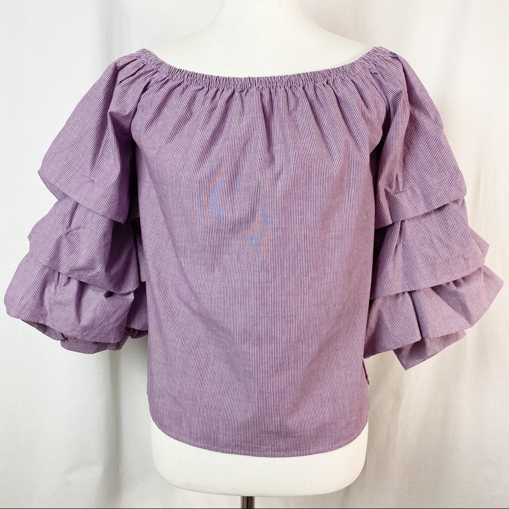 Oddi Purple Stripe Off Shoulder Layered Balloon Sleeve Top Sm NEW NWT